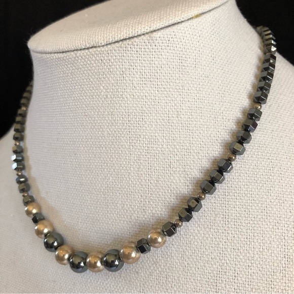 16.5” Hematite and Metallic Silver Tone Bead Necklace - Picture 5 of 15
